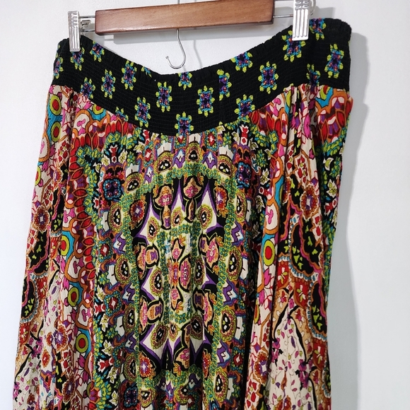Bohemian multi colored mandala print asymmetrical midi broom skirt - Picture 3 of 10